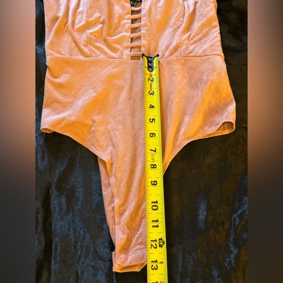 Haute Monde Ladder Cut Out Spaghetti Strap Bodysuit in Pink suede microfiber - Picture 10 of 11